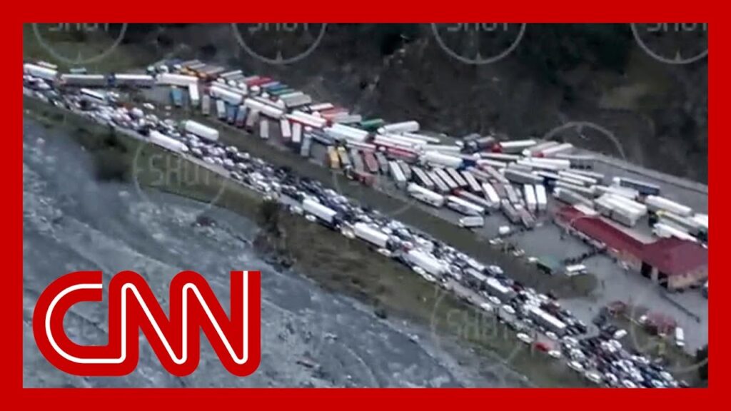 Drone video shows massive traffic jam as Russians flee the country