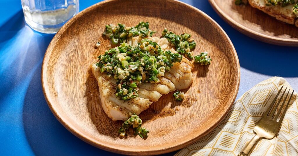 A spicy, herby peanut salsa adds punch and crunch to seared grouper