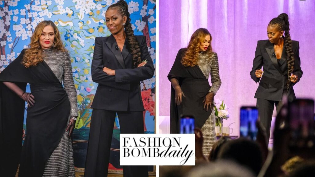 Michelle Obama and Tina Knowles Discuss Her Book Matriarch in an Alexander McQueen Black Suit and a Tony Ward Couture Silver and Black Gown