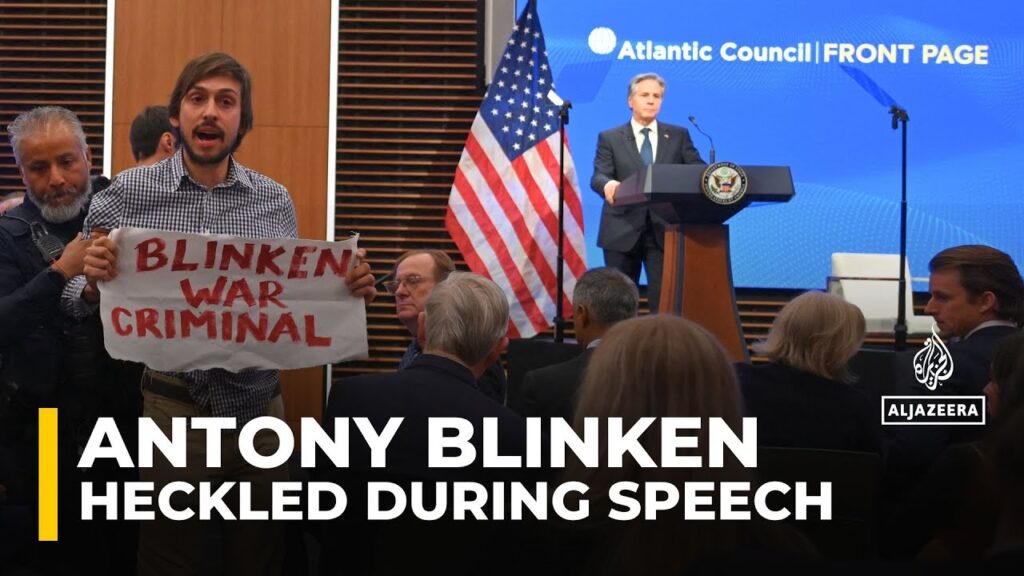 Protester disrupts Blinken’s speech, accusing him of war crimes