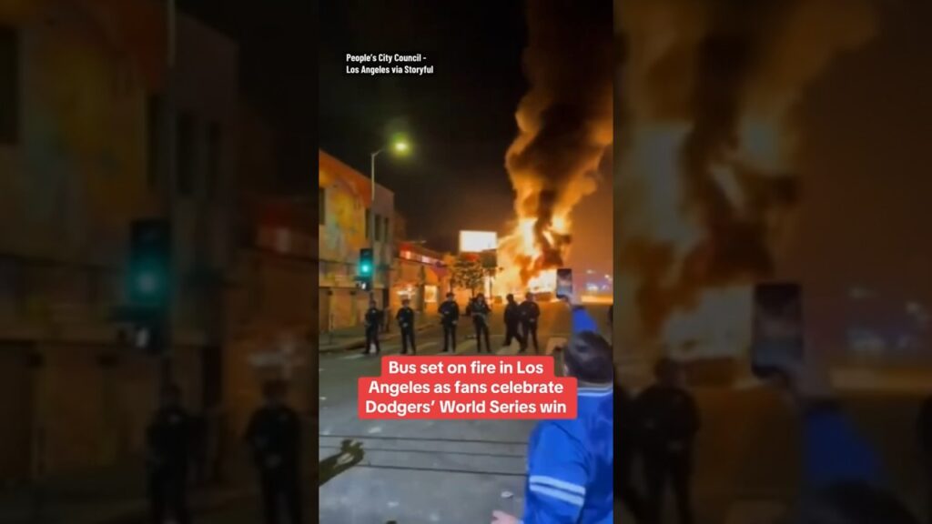 Bus set on fire in Los Angeles as fans celebrate Dodgers’ World Series win #shorts