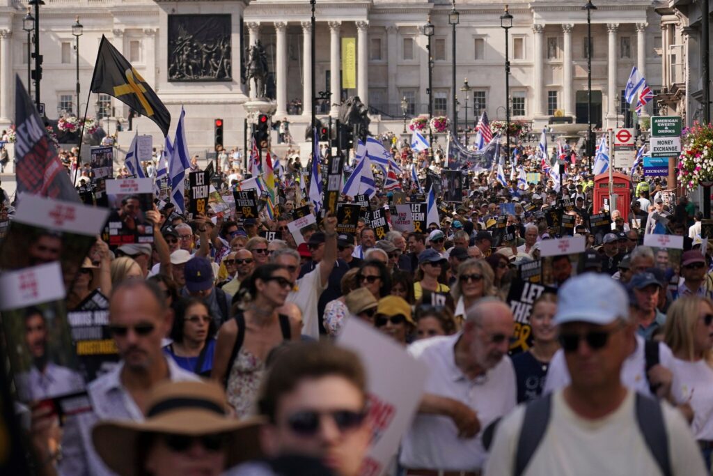 Hundreds march in London for hostages, against UK recognizing a Palestinian state