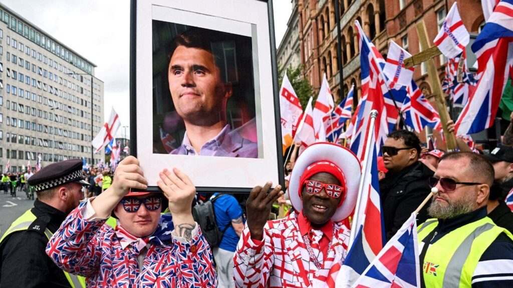 Tens of thousands march in London as crowd honors Charlie Kirk, Musk blasts left