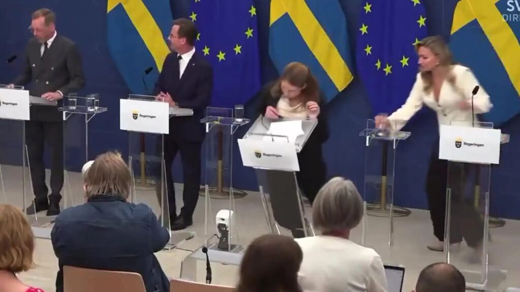 Shocking moment Sweden’s health minister Elisabet Lann collapses during press conference